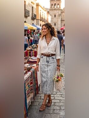 Light Grey High-Waist Acid Wash Denim Midi Skirt